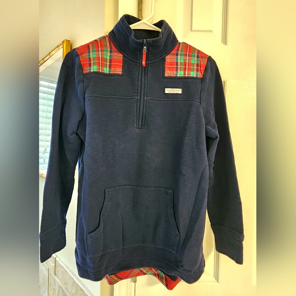 Vineyard Vines Blue Zip-Up Sweater with Red Plaid Details